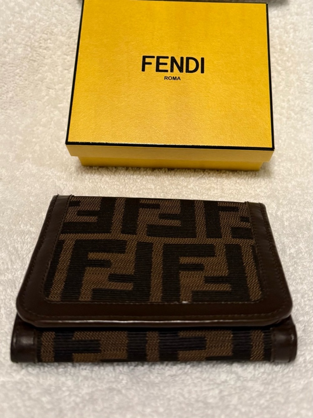 Fendi Unisex Signature FF Logo Dark Brown Leather Compact Trifold Wallet
